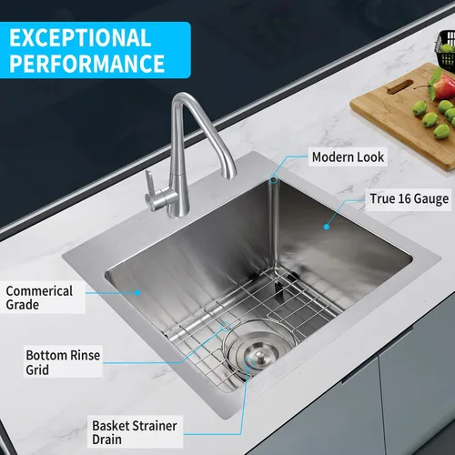 Vista 4 de YSSOA Fregadero de cocina con estación de trabajo de montaje superior, calibre 20, tazón individual con 3 accesorios