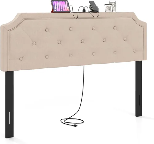 Vista 25 de GIANTEX - Cabecera con estación de carga, tamaño Queen/Matrimonial, tapizada con botones y 2 salidas de CA, puerto USB y tipo C, patas de madera