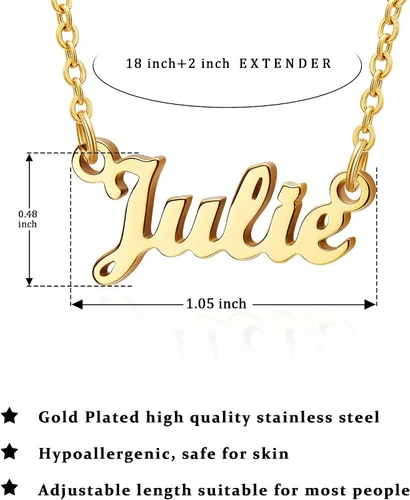 Vista 6 de SANNYRA Collar con nombre personalizado chapado en oro real de 18 quilates con placa de nombre, regalo de joyería para mujeres y niñas