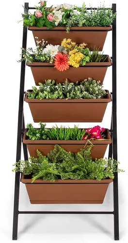 Vista 8 de Giantex Maceta vertical elevada, camas de jardín elevadas con orificio de drenaje de agua, cajas independientes de 5 contenedores para cultivo