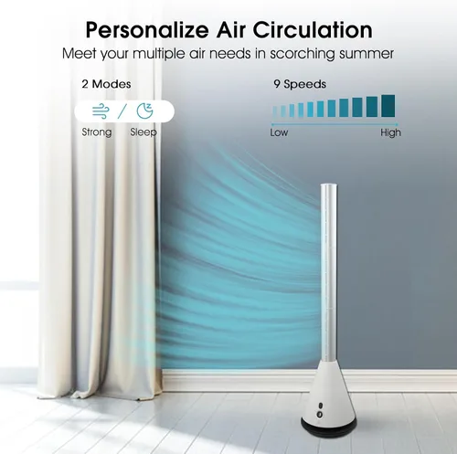 Vista 3 de Ventilador de torre sin aspas con 9 velocidades, ventilador de enfriamiento oscilante de 80° de ancho, ventilador eléctrico de pie con temporizador