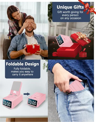 Vista 7 de Regalos de cumpleaños para mujeres, soporte de teléfono con altavoz Bluetooth con sonido y reloj HD, soporte inalámbrico ajustable para teléfono Rosa