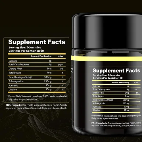 Vista 4 de Shilajit - Gomitas con Ashwagandha para hombres y mujeres, más de 85 oligominerales, 75% de ácido fúlvico, energía, resistencia y apoyo