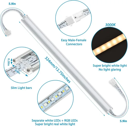 Vista 7 de Litever Kit de iluminación LED para debajo del gabinete. Color RGB y luz blanca cálida brillante. Barras de luz LED enlazables delgadas