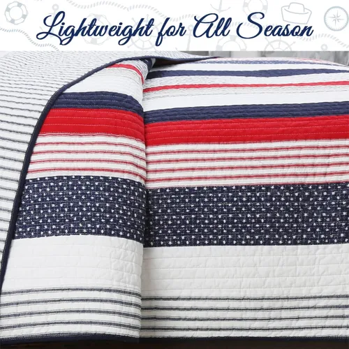 Vista 6 de Cozy Line Home Fashions Juego de ropa de cama acolchado reversible de 100% algodón con rayas azul marino y rojas, estrella patriótica para niño