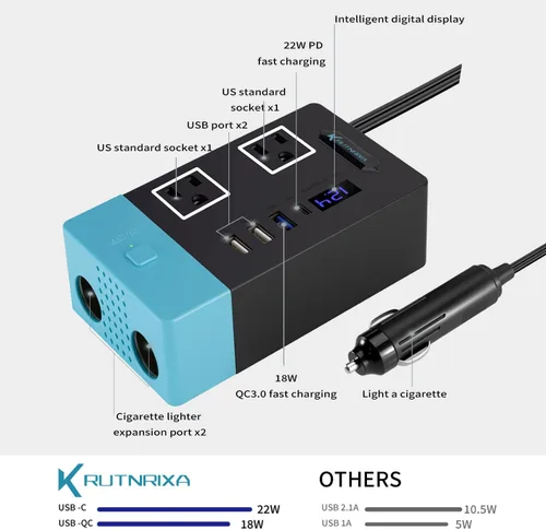Vista 3 de Inversores de corriente de 300 W, convertidor de 12 V CC a 110 V CA para vehículos, 2 salidas de CA, 1 USB 2.4 A, 1 USB-C de 25 W, 2 adaptadores