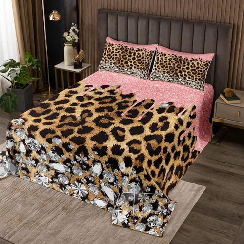 Vista 5 de Manfei Colcha de piel de animal tamaño individual, colcha acolchada con estampado de cebra de leopardo con 1 funda de almohada, juego de 2 piezas