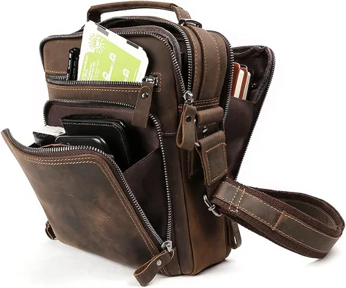 Vista 8 de BAIGIO Bolso de mensajero de cuero genuino para hombre, bolso cruzado de hombro vintage, bolso de mano, bolso de mano, bolso de mano, bolso de mano