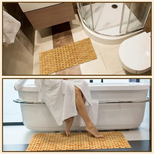 Vista 3 de Barydat Juego de 2 tapetes de baño de bambú para bañera larga y grande, antideslizante, tapete de ducha de bambú, tapete de madera impermeable