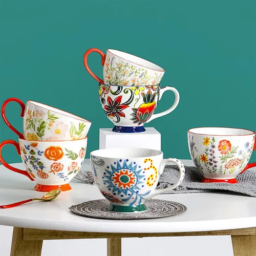 Vista 3 de CHOOLD Elegante taza de café grande de cerámica pintada a mano con patrón floral para té y leche, taza de cereales para cocina, cena, 15 onzas