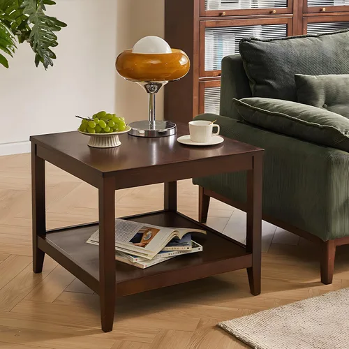 Vista 10 de Mesa auxiliar, mesa auxiliar cuadrada de madera maciza con estante de almacenamiento, mesa auxiliar de 2 niveles para sala de estar, mesa de sofá