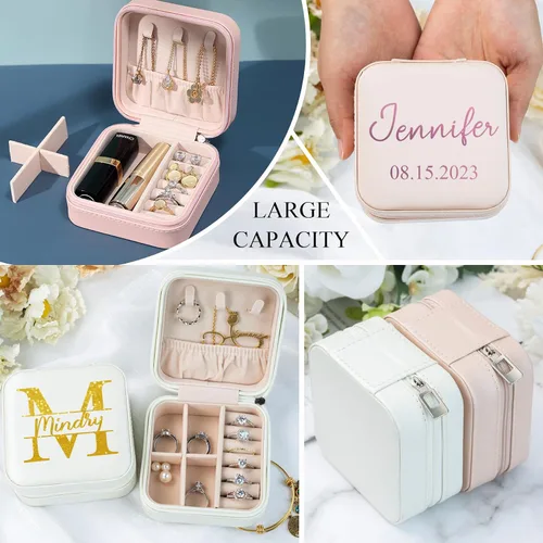 Vista 5 de Flycalf Joyero personalizado organizador de estuche de viaje portátil para aretes, mini regalos de dama de honor para niñas, niños, artículos