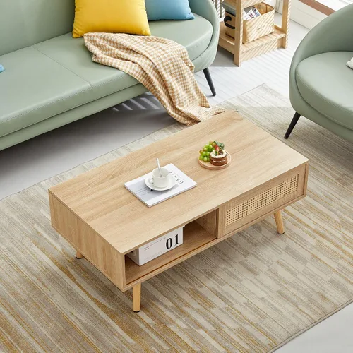 Vista 3 de IANIYA Mesa de centro moderna con almacenamiento, mesa rectangular de 41.3 pulgadas con centro de madera con puerta corrediza tejida de ratán PE