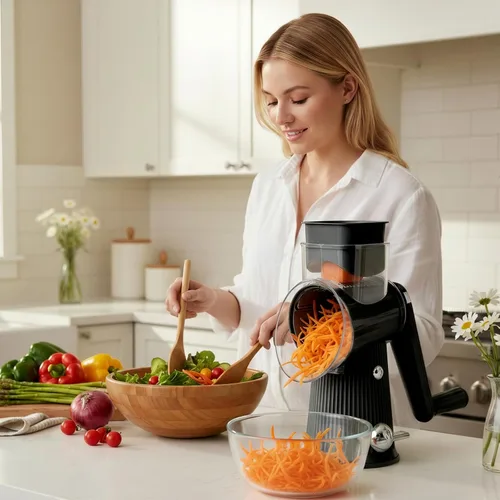 Vista 2 de Rallador rotativo de queso con asa, triturador de verduras con 5 cuchillas y base de succión fuerte, rebanador redondo y picador de alimentos