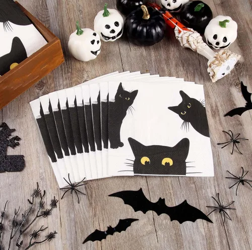 Vista 3 de Quera Paquete de 50 servilletas de papel desechables de gato negro, suministros para fiestas, servilletas de papel de Halloween, servilletas