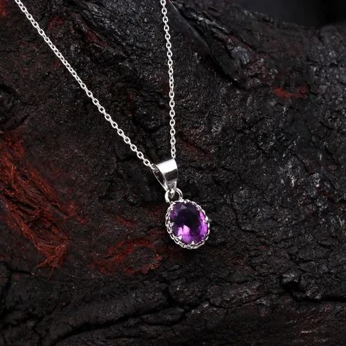 Vista 4 de Collar con colgante ovalado de piedra preciosa natural de Amatista de corte brillante, diseño zodiaco, piedra natal, cristales curativos, joyería