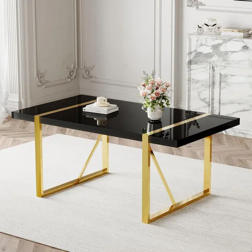 Vista 8 de Mesa de comedor Ebullient para 4, mesa de comedor rectangular negra de MDF, tapa de mesa de cena de mármol falso, mesa de comedor moderna con marco