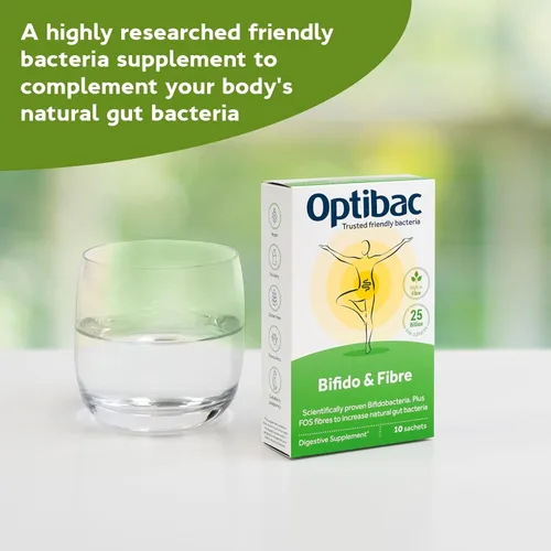 Vista 2 de Optibac Probióticos en polvo con bifidobacterias y fibra, 30 sobres 25 mil millones de UFC + 0.14 oz de fibra FOS Mezcla vegana de probióticos