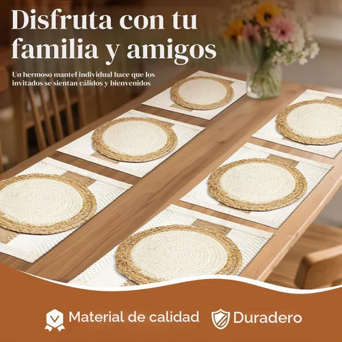 Vista 4 de Juego de 6 manteles individuales hechos a mano, hechos a mano, arpillera de algodón natural y paja de agua, combinados, decoración de macramé