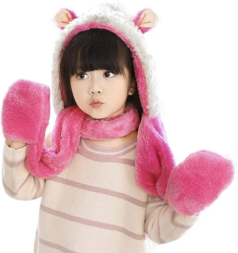 Vista 2 de Conjunto de gorro de invierno con capucha y gorro, bufanda y guantes para niÃ±os