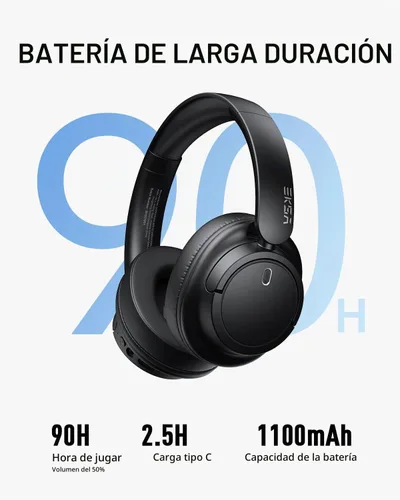 Vista 4 de EKSA Auriculares inalámbricos sobre la oreja, auriculares Bluetooth con micrófono, audio de alta resolución, tiempo de reproducción de 90 horas, 6