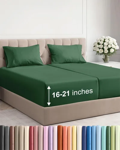 Vista 121 de Juego de sábanas tamaño Queen con bolsillos extra profundos, sábanas transpirables y refrescantes de 4 piezas, ropa de cama de lujo para hotel