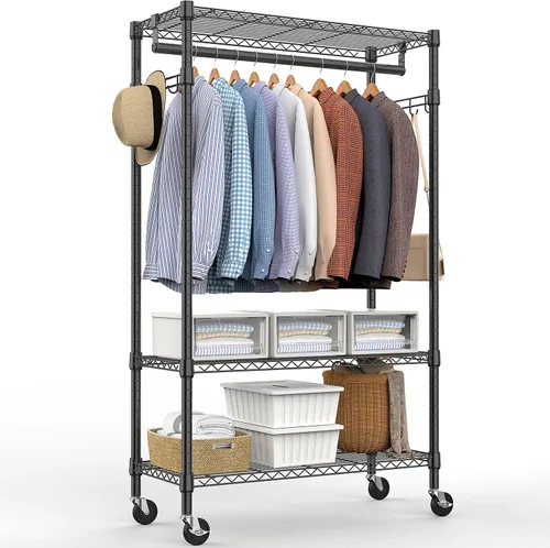 Vista 22 de M MZG Perchero resistente con ruedas de 3 niveles de alambre ajustable con 3 varillas y ganchos laterales, estante de ropa para armario, color Negro