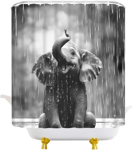 Vista 3 de Cortina de ducha con diseño de elefante, diseño de animales salvajes, diseño de gotas de lluvia, tela gris, con ganchos, 35 pulgadas de ancho x 70