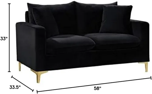Vista 3 de Meridian Furniture Naomi Collection Modern Sofá de dos plazas tapizado de terciopelo negro contemporáneo con base de acero inoxidable en un