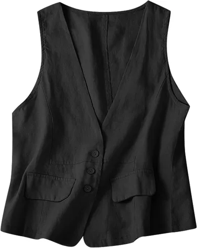 Vista 29 de COTECRAM Chaleco de lino de algodón para mujer, casual, sin mangas, con botones, ligero, para verano, holgado, ropa de abrigo