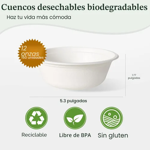 Vista 2 de Paquete de 150 cuencos de papel desechables de 12 onzas, cuencos biodegradables compostables de alta resistencia, hechos de bagazo natural de caña