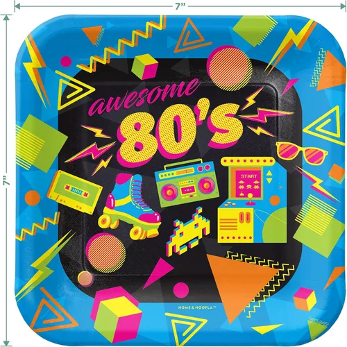 Vista 3 de HOME & HOOPLA Suministros para fiestas de los 80 - Platos de postre de papel cuadrados con íconos totalmente geniales de los años 1980 para 16