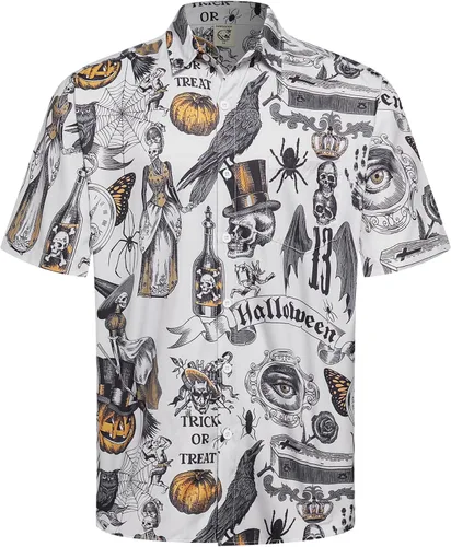 Vista 12 de Camisa de Halloween para Hombre de Hardaddy, de Manga Corta, con Botón, con Estampado Gracioso, Camisa Casual Negro