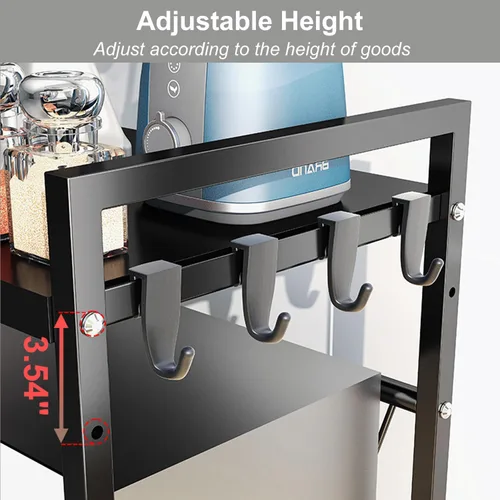 Vista 6 de Soporte Expandible para Microondas de Encimera, Estante Sobre Microondas de 3 Niveles Resistente con 8 Ganchos, Estante Ajustable de Altura de Acero