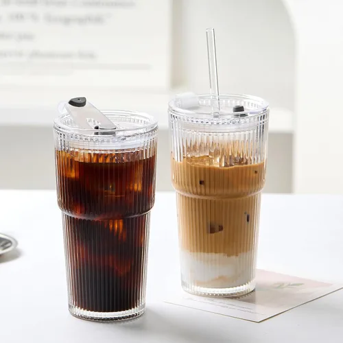 Vista 5 de TUZAZO - Paquete de 4 vasos de vidrio acanalado de 20 onzas con tapas y 20oz-4Pack