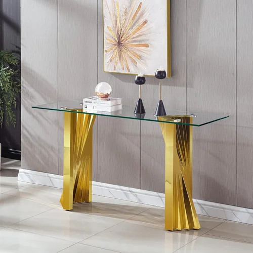 Vista 39 de Mesa auxiliar de cristal dorado de lujo, moderna mesa de centro cuadrada para sofá con base de acero inoxidable con espejo brillante, mesa de noche