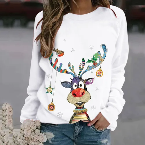 Vista 3 de Rikbuig Sudaderas de Navidad para mujer, lindo estampado de alce, cuello redondo, forro polar, suéter de otoño para festivales