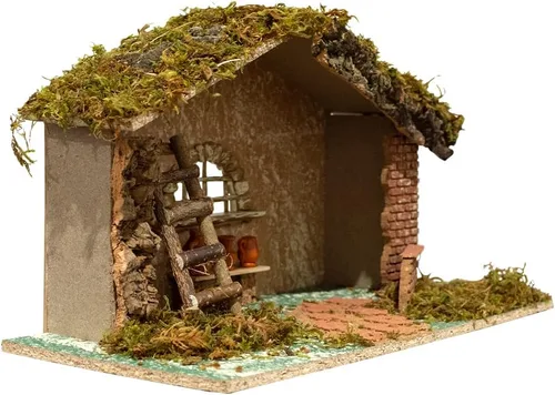 Vista 2 de VILLAGE GIFT IMPORTERS Nativity Creche - Estable 11 pulgadas de alto y 18.25 pulgadas de ancho Techo y suelo de musgo realista Trabajo