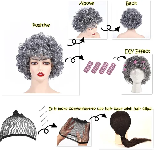 Vista 5 de AQX Old Lady Costume Wig for Girls, 100th Day of School Granny Wig Dress Up 19 Set