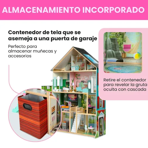 Vista 8 de Delta Children Casa de muñecas Deluxe Maui - Casa de muñecas grande de 4 pisos con 12 habitaciones, incluye 50 accesorios - Ascensor funcional