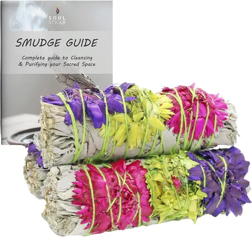 Vista 14 de SOUL STICKS Paquete de 3 barras de salvia blanca floral con flores para limpiar el hogar, meditación, yoga, curación y manchas, California de origen