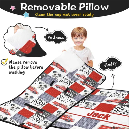 Vista 2 de Tapete personalizado para siesta de camión de bomberos con nombre, sacos de dormir para niños y niñas, colchón de cama personalizado para niños