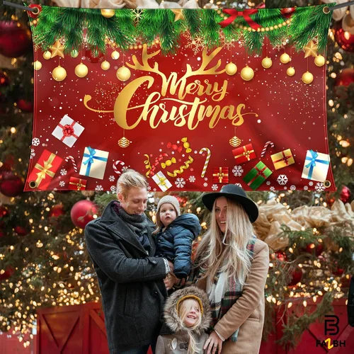 Vista 8 de Cartel de Feliz Navidad extragrande de 6 x 4 pies, decoraciones de Navidad rojas y doradas, decoraciones de fiesta de Navidad, fondo de fotos