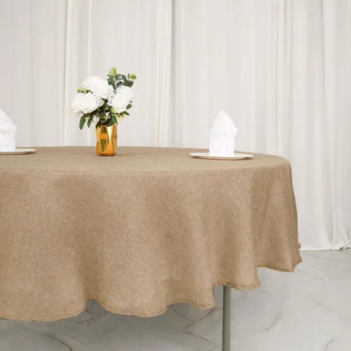 Vista 3 de Efavormart Mantel Redondo de Arpillera Sintética de Yute Natural de 90 Pulgadas - Cubierta de Mesa Rústica Boho Chic Estilo Granja para Navidad