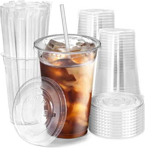 Vista 7 de Fit Meal Prep Paquete de 100 vasos de plástico transparente de 12 onzas con tapas planas, tazas desechables para café helado, sin BPA, taza