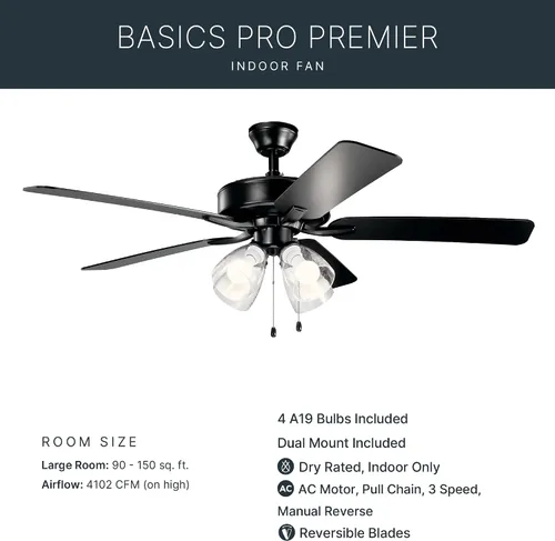 Vista 5 de Kichler Ventilador Basics Pro Premier de 52 pulgadas, negro satinado