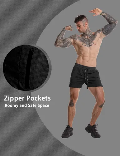 Vista 5 de GYMBULLFIGHT Pantalones cortos de entrenamiento para hombre, ligeros, para gimnasio, culturismo, con bolsillos con cremallera
