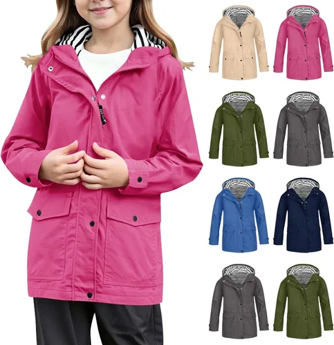 Vista 14 de Moonker Chaqueta impermeable ligera para niños y niñas, rompevientos con capucha, chaqueta impermeable Softshell para otoño para la escuela beige-b