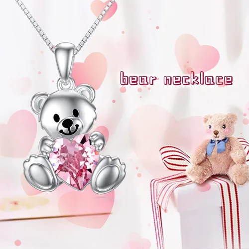 Vista 6 de Animal Crystal Necklace for Women Girls 925 Sterling Silver Teddy Bear Phoenix Panda Unicorn Animal Pendant Jewelry Gifts for Animal Lovers