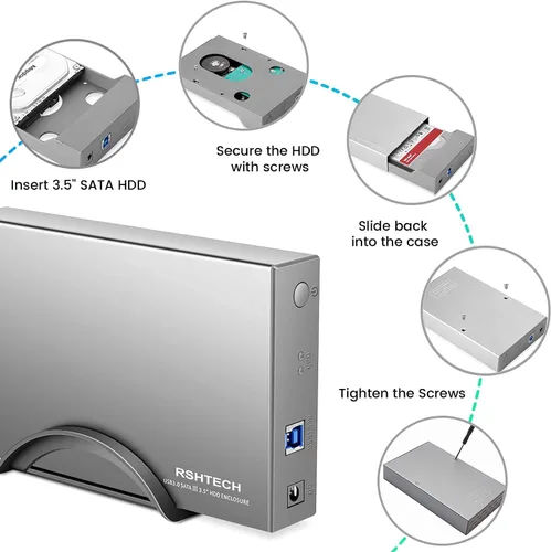 Vista 6 de RSHTECH Caja de disco duro SATA de aluminio de 3,5 pulgadas+caja de disco duro externo RSHTECH de 3,5 pulgadas USB 3.0 a SATA